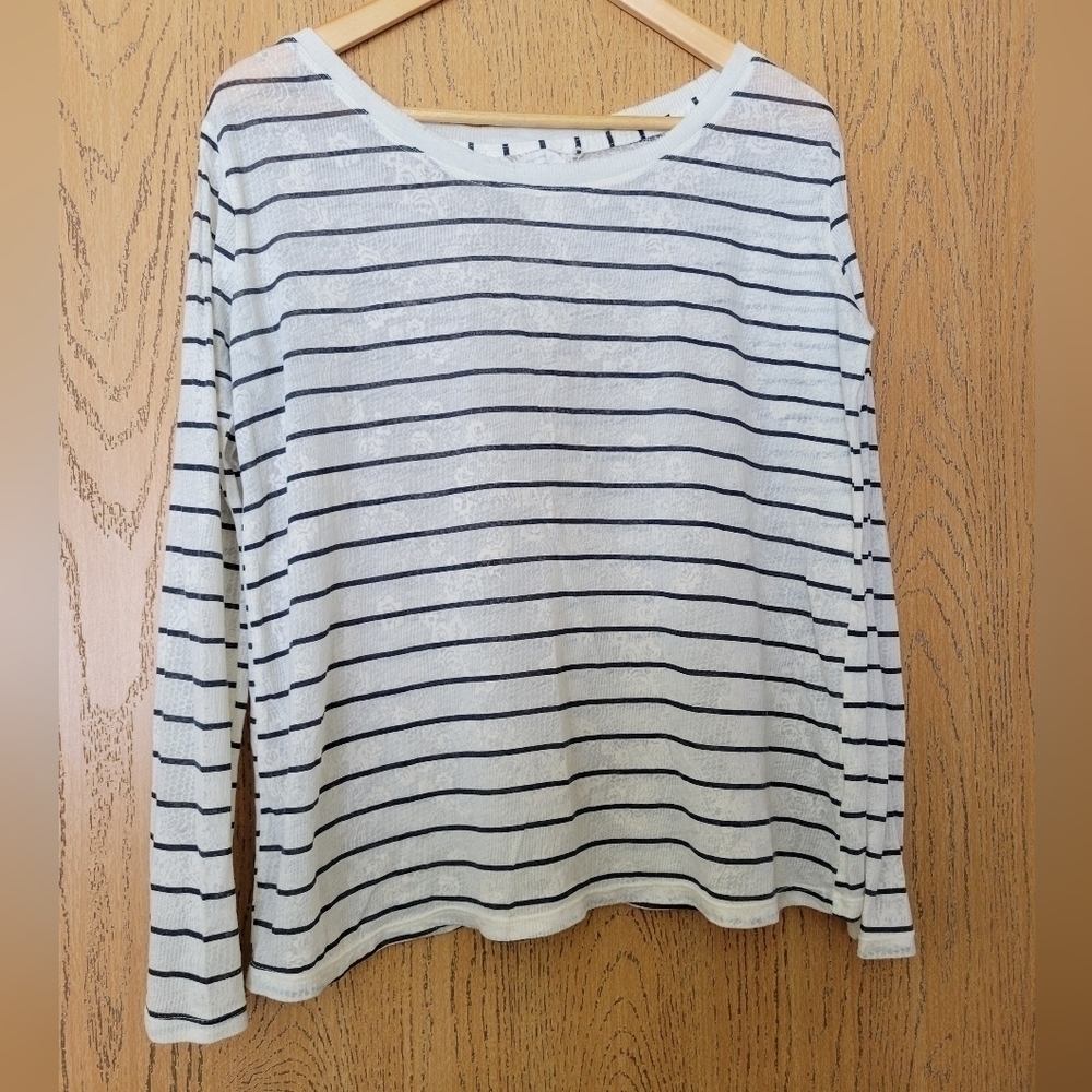 We The Free Cream & Blue striped floral burnout oversized long sleeve tee S